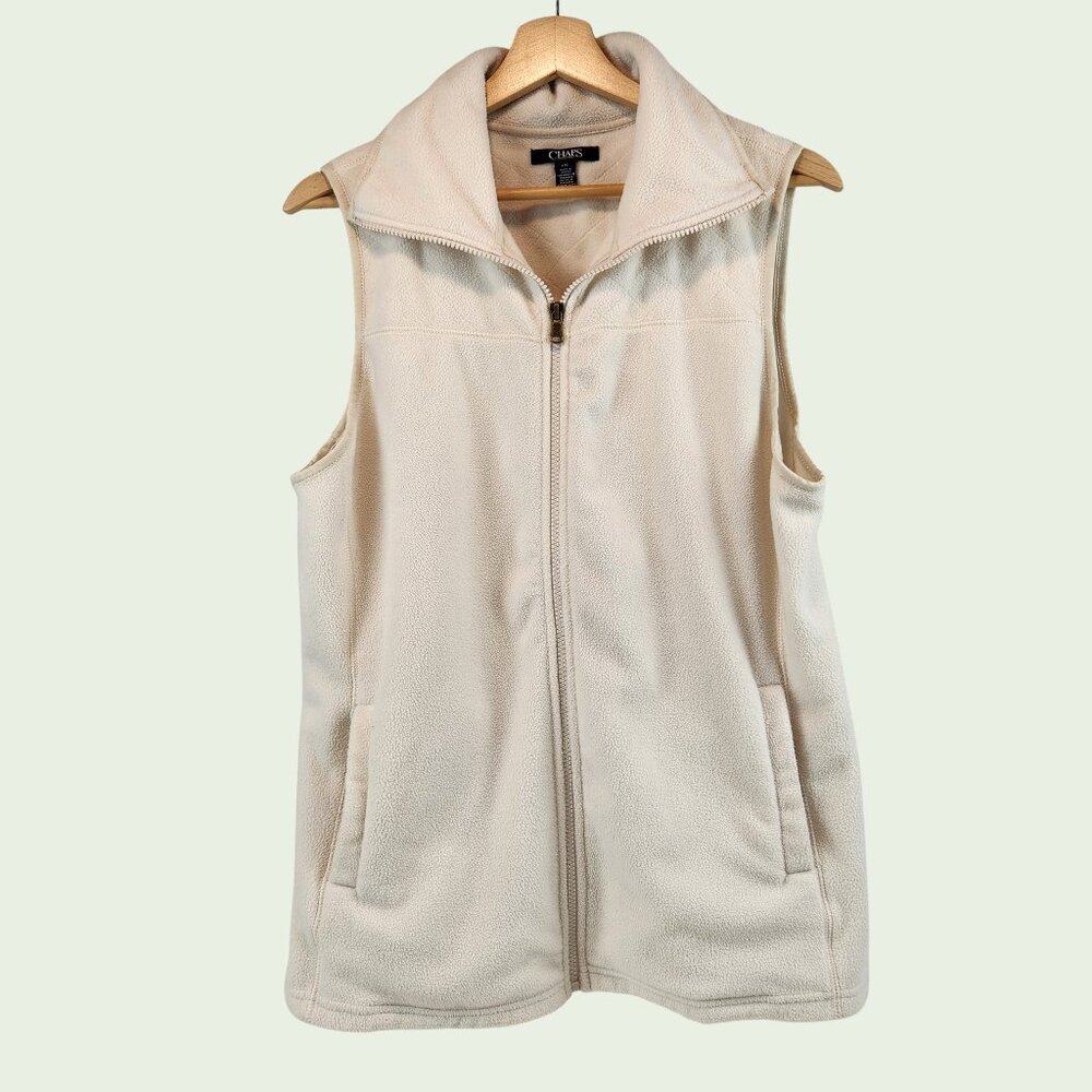 Chaps Fleece Vest Woman L Full Zip Pockets Soft Casual White Après Ski Hiking